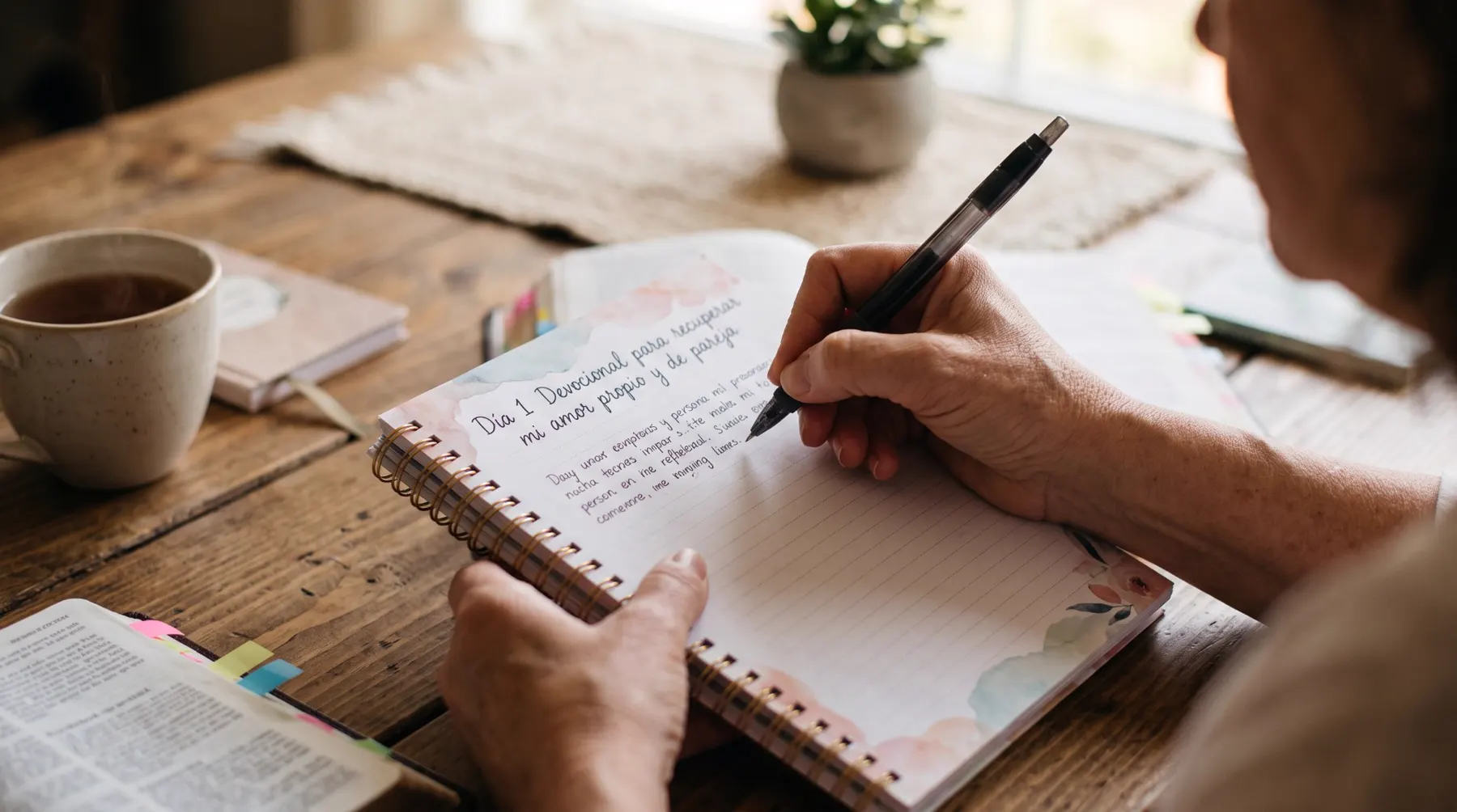 Manos escribiendo en el cuaderno del devocional de pareja, Día 1, junto a una Biblia y una taza de té