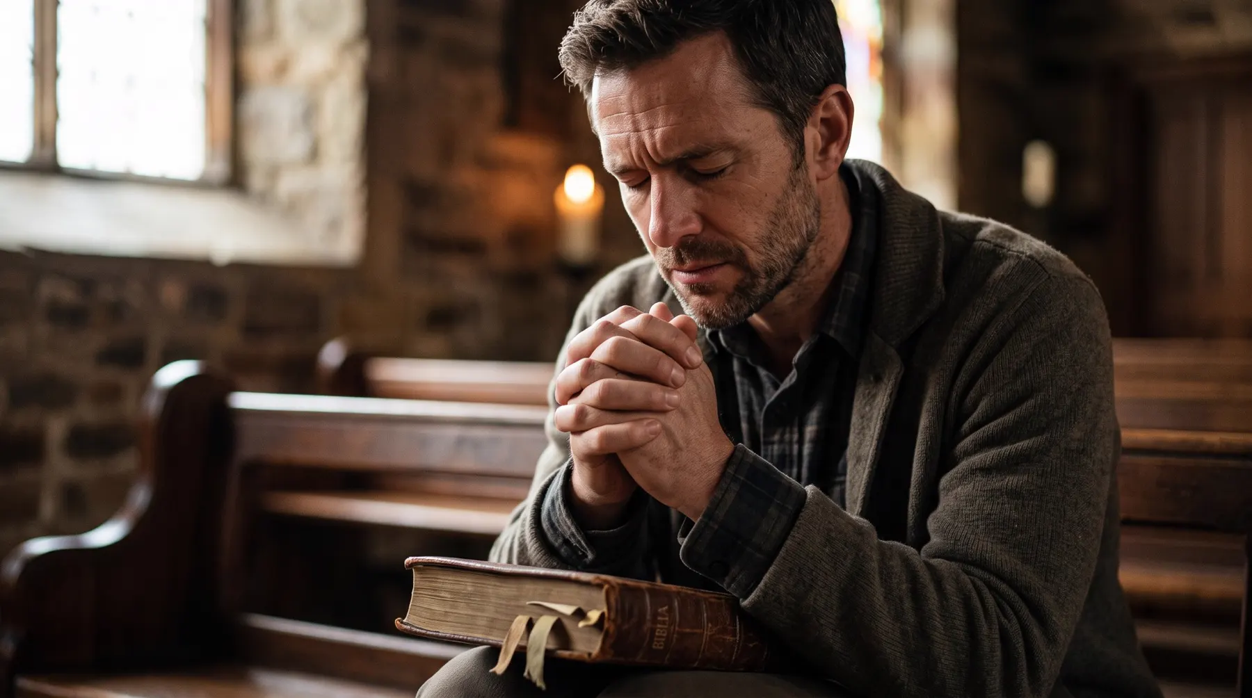 Hombre orando con las manos juntas sobre una Biblia, en una capilla de piedra