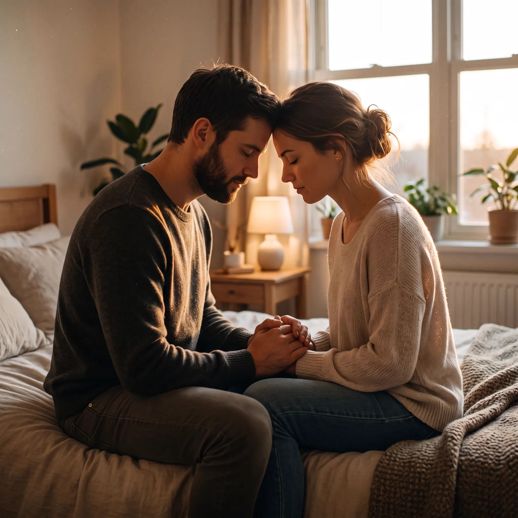 Pareja sentada en la cama, frente con frente y manos unidas, orando en una habitación iluminada por el atardecer